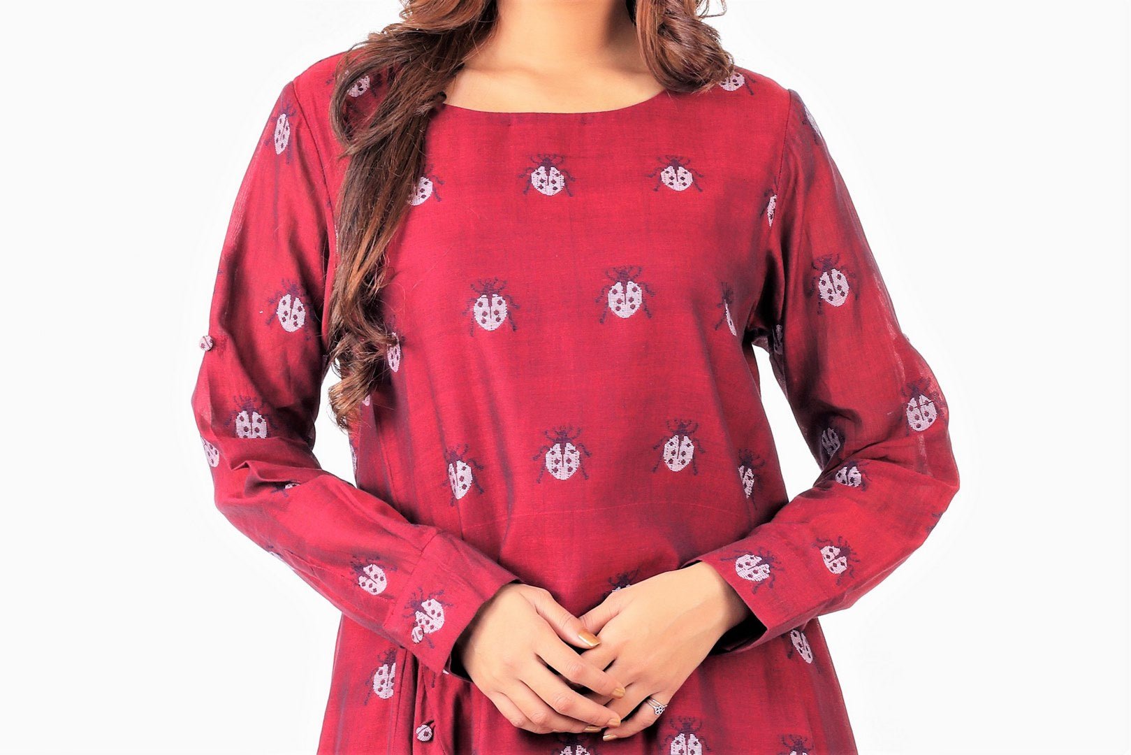 Buy red jamdani silk asymmetric dress online in USA. Keep your wardrobe updated with a range of stylish Indian designer dresses from Pure Elegance fashion store in USA. A stylish range of Indian clothing, suits, Indowestern dresses, designer lehengas are available at our online store to elevate your style.-front