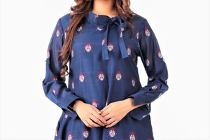 Shop navy blue jamdani silk dress with  front bow collars online in USA. Keep your wardrobe updated with a range of stylish Indian designer dresses from Pure Elegance fashion store in USA. A stylish range of Indian clothing, suits, Indowestern dresses, designer lehengas are available at our online store to elevate your style.-front