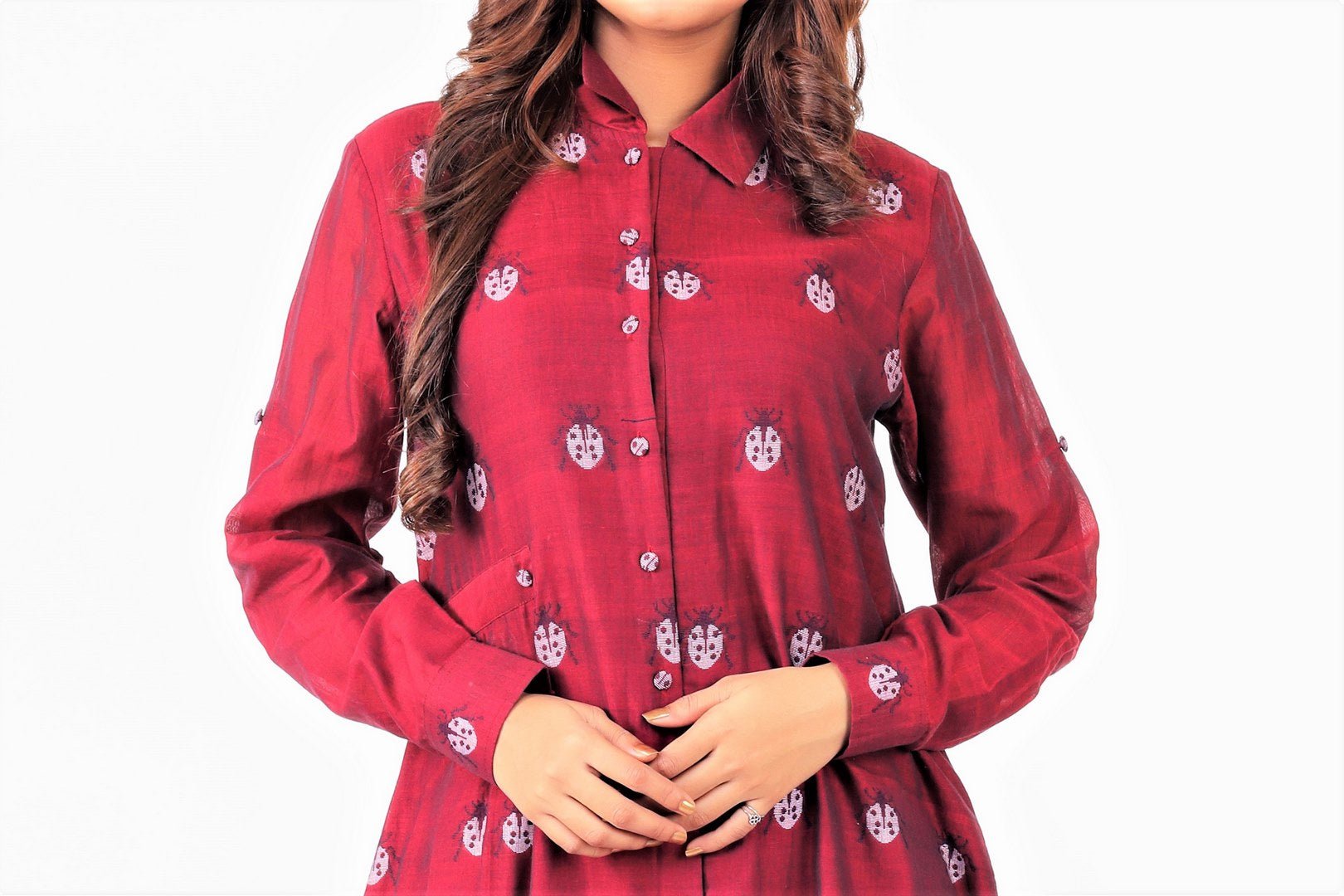 Buy red jamdani silk dress with collars online in USA. Keep your wardrobe updated with a range of stylish Indian designer dresses from Pure Elegance fashion store in USA. A stylish range of Indian clothing, suits, Indowestern dresses, designer lehengas are available at our online store to elevate your style.-front