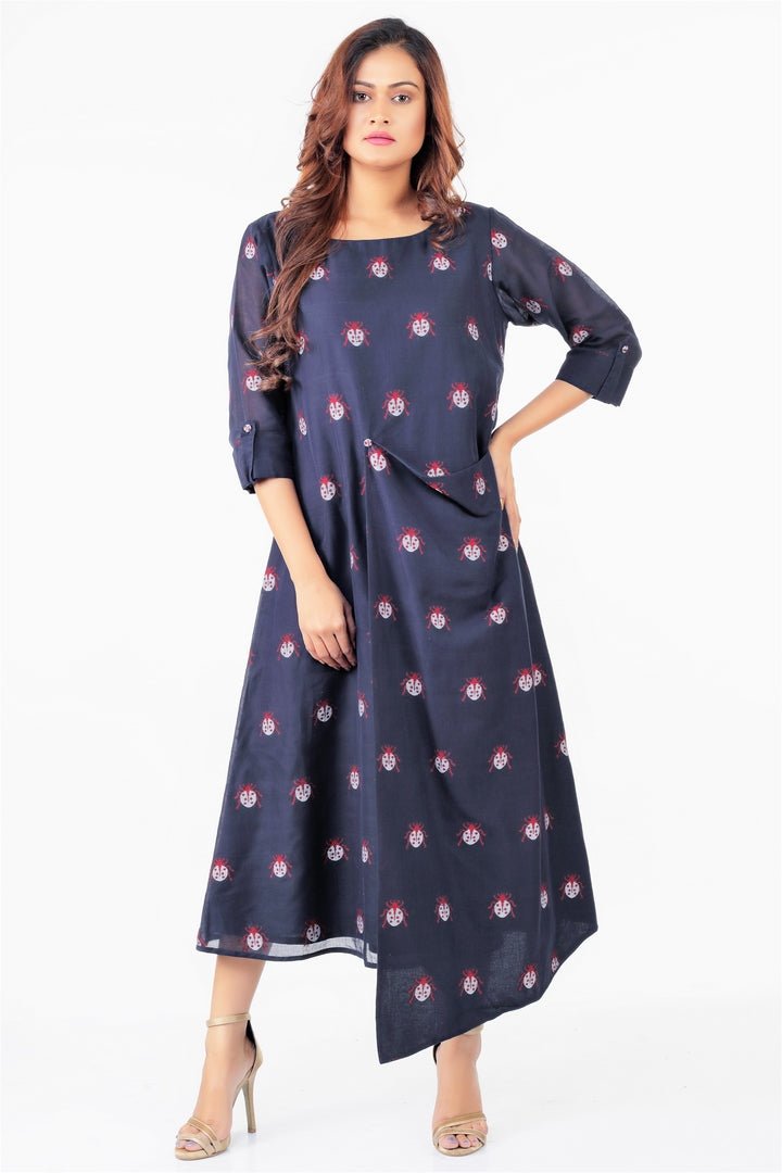 Shop online navy blue jamdani silk asymmetric dress with sleeves roll up in USA. Keep your everyday style chic and up to date with a stylish range of Indian designer dresses from Pure Elegance fashion store in USA.-full view