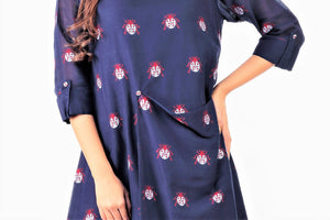 Shop online navy blue jamdani silk asymmetric dress with sleeves roll up in USA. Keep your everyday style chic and up to date with a stylish range of Indian designer dresses from Pure Elegance fashion store in USA.-front
