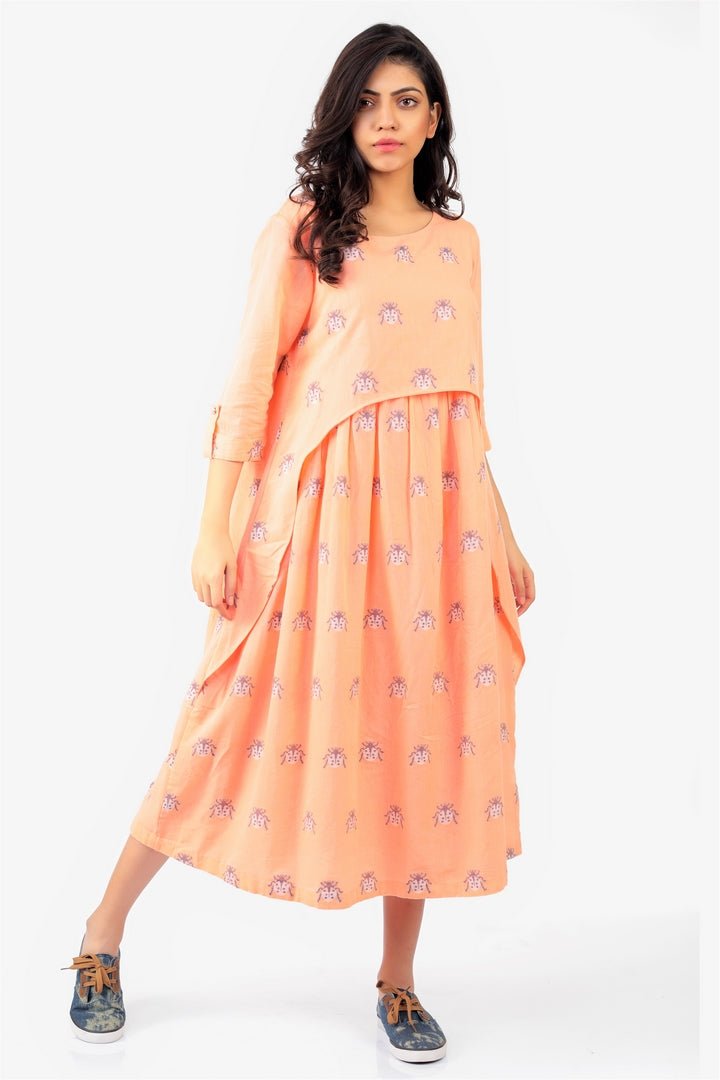 Buy tangerine color jamdani cotton dress with front overlay online in USA and woven lady bug motifs. Keep your everyday style chic and up to date with a stylish range of Indian designer dresses from Pure Elegance fashion store in USA.-full view