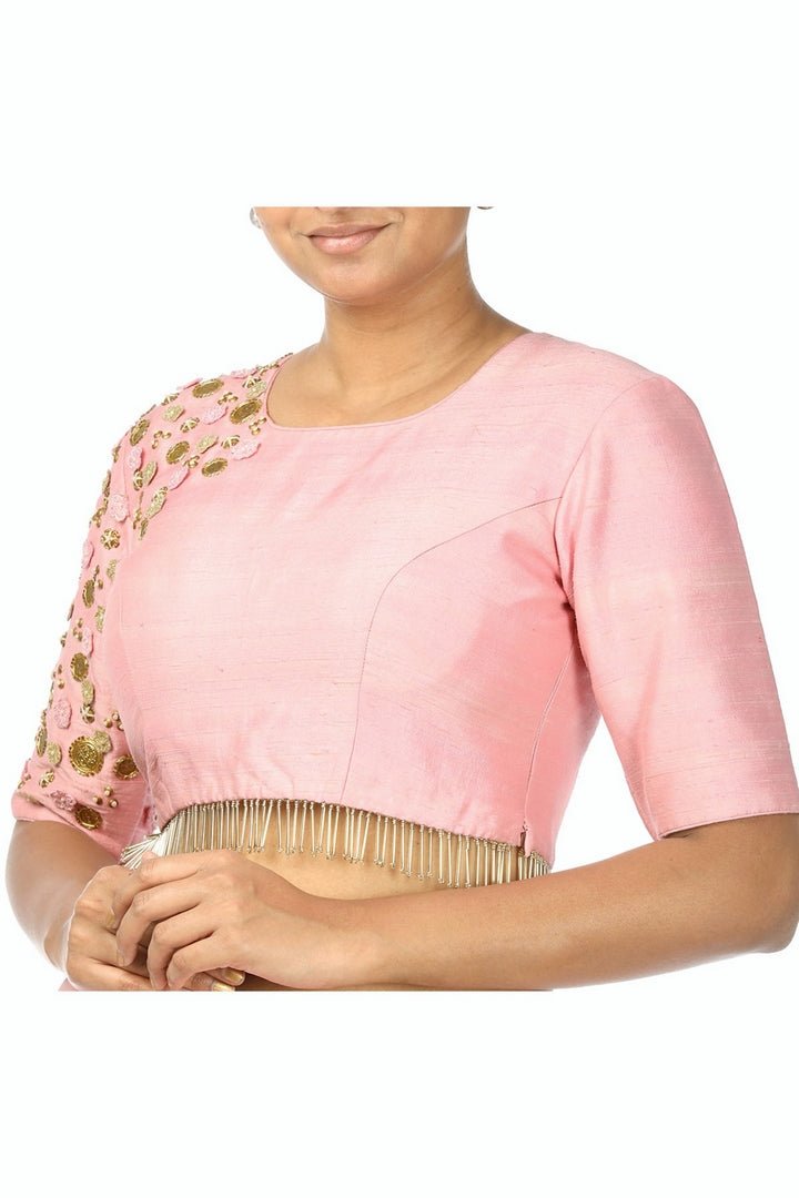 Buy baby pink raw silk saree blouse online in USA at Pure Elegance fashion store. Choose from a range of exquisite designer saree blouses perfect to amp your saree style. also available at our online store.-side