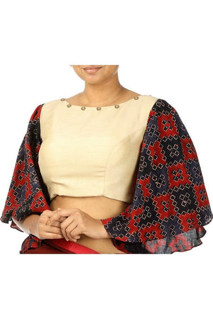 Buy beige color raw silk embroidered saree blouse online in USA with ajrak sleeves at Pure Elegance fashion store. Choose from a range of exquisite designer saree blouses perfect to amp your saree style. also available at our online store.-side