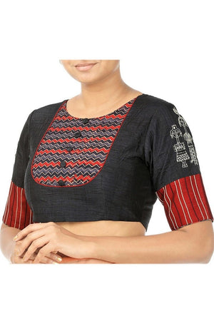 Shop black color chanderi embroidered sari blouse online in USA with Ajrak print at Pure Elegance fashion store. Choose from a range of exquisite readymade designer sari blouses perfect to amp up your saree style. also available at our online store.-side
