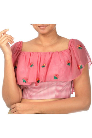 Buy pink georgette off shoulder sari blouse online in USA with cotton checks at Pure Elegance fashion store. Choose from a range of exquisite readymade designer sari blouses perfect to amp up your saree style. also available at our online store.-side