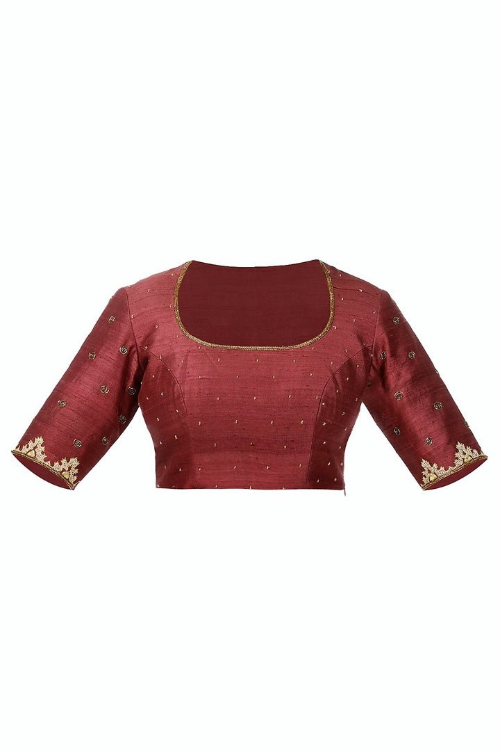 Buy burgundy color zardozi embroidery raw silk saree blouse online in USA from Pure Elegance fashion store. Choose from a range of exquisite readymade designer sari blouses perfect to amp up your saree style. also available at our online store.-full view