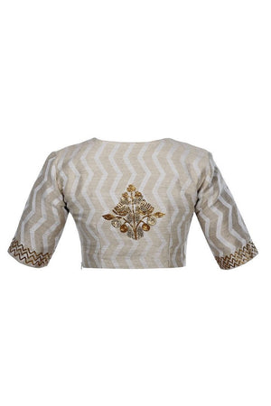 Shop silver self texture chanderi saree blouse with pita embroidery online in USA from Pure Elegance fashion store. Choose from a range of exquisite readymade designer sari blouses perfect to amp up your saree style. also available at our online store.-back
