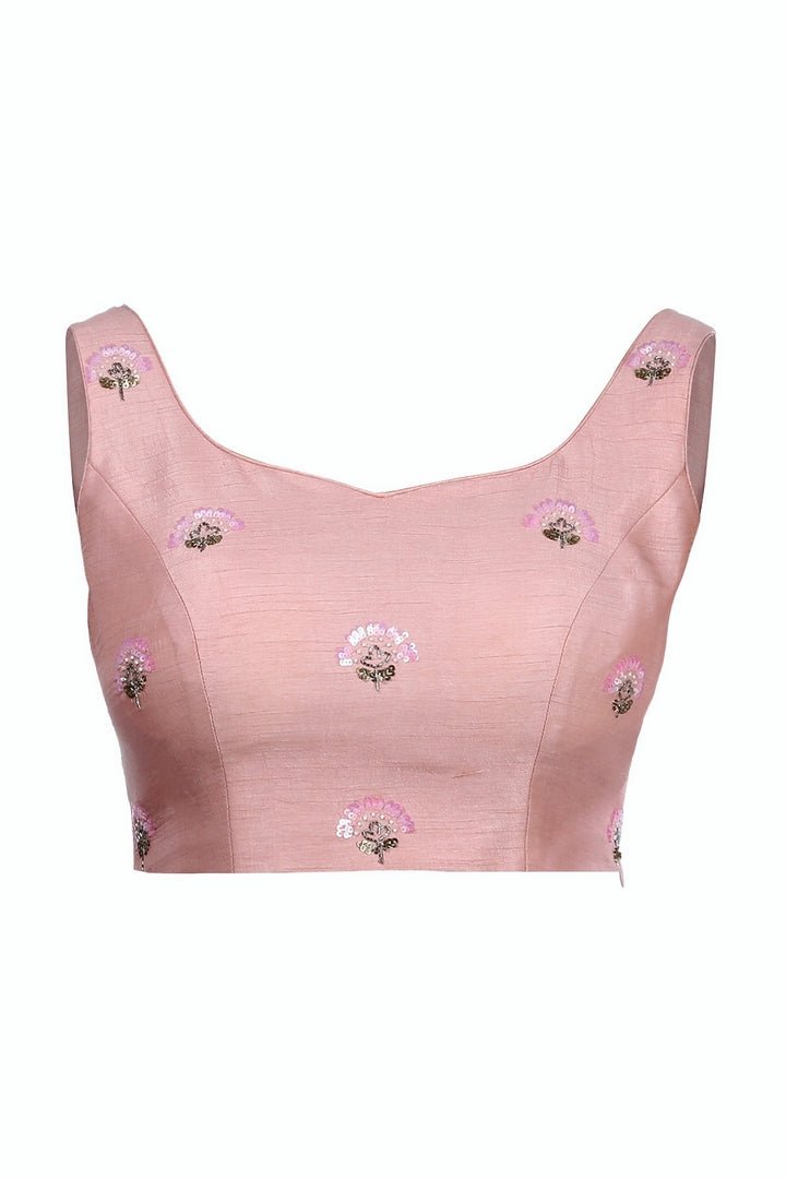 Buy pastel pink embroidered sleeveless saree blouse online in USA from Pure Elegance fashion store. Choose from a range of exquisite readymade designer saree blouses perfect to amp up your saree style. also available at our online store.-full view