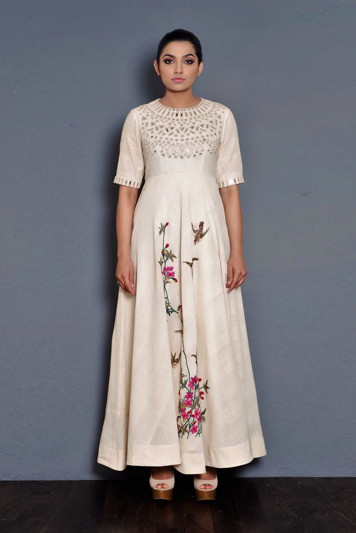 Buy off-white parsi embroidery full length dress online in USA. Pick your favorite Indian dresses from Pure Elegance clothing store in USA. Step up your style with a range of Indian designer dresses, suits, designer lehengas also available on our online store.-full view