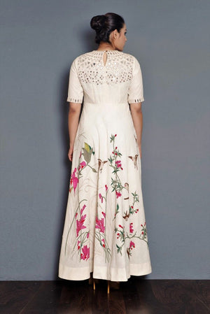 Buy elegant off-white full length dress online in USA with parsi embroidery. Pick your favorite Indian dresses from Pure Elegance clothing store in USA. Step up your style with a range of Indian designer dresses, suits, designer lehengas also available on our online store. -back