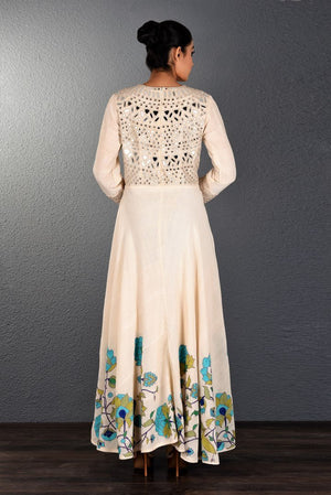 Buy alluring off-white mirror and aari embroidery full length dress online in USA. Pick your favorite Indian dresses from Pure Elegance clothing store in USA. Step up your style with a range of Indian designer dresses, suits, designer lehengas also available on our online store. -back