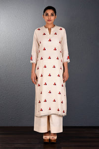 Buy off-white Parsi embroidery kurta with straight pants online in USA. Pick your favorite Indian dresses from Pure Elegance clothing store in USA. Step up your style with a range of Indian designer dresses, suits, designer lehengas also available on our online store. -full view