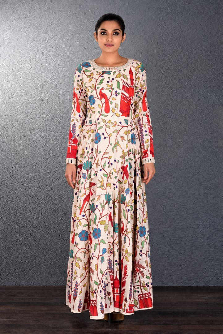 Buy off-white full embroidered floor length dress online in USA. Pick your favorite Indian dresses from Pure Elegance clothing store in USA. Step up your style with a range of Indian designer dresses, suits, designer lehengas also available on our online store.-full view
