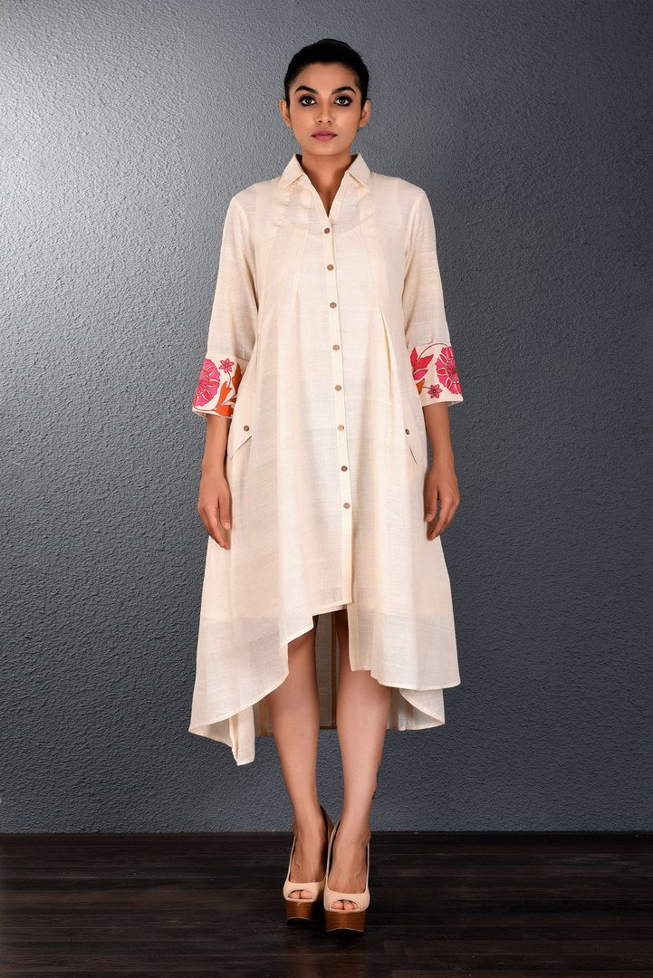 Buy off-white embroidered asymmetric shirt dress online in USA. Pick your favorite Indian dresses from Pure Elegance clothing store in USA. Step up your style with a range of Indian designer dresses, suits, designer lehengas also available on our online store. -full view