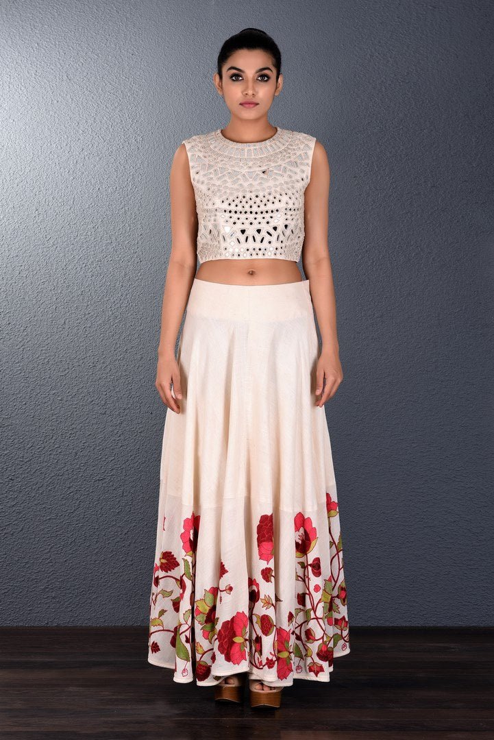 Buy off-white embroidered crop top with aari embroidery skirt online in USA. Pick your favorite Indian designer dresses from Pure Elegance clothing store in USA. Step up your style with a range of Indian designer sarees , suits, designer lehengas also available on our online store. -full view