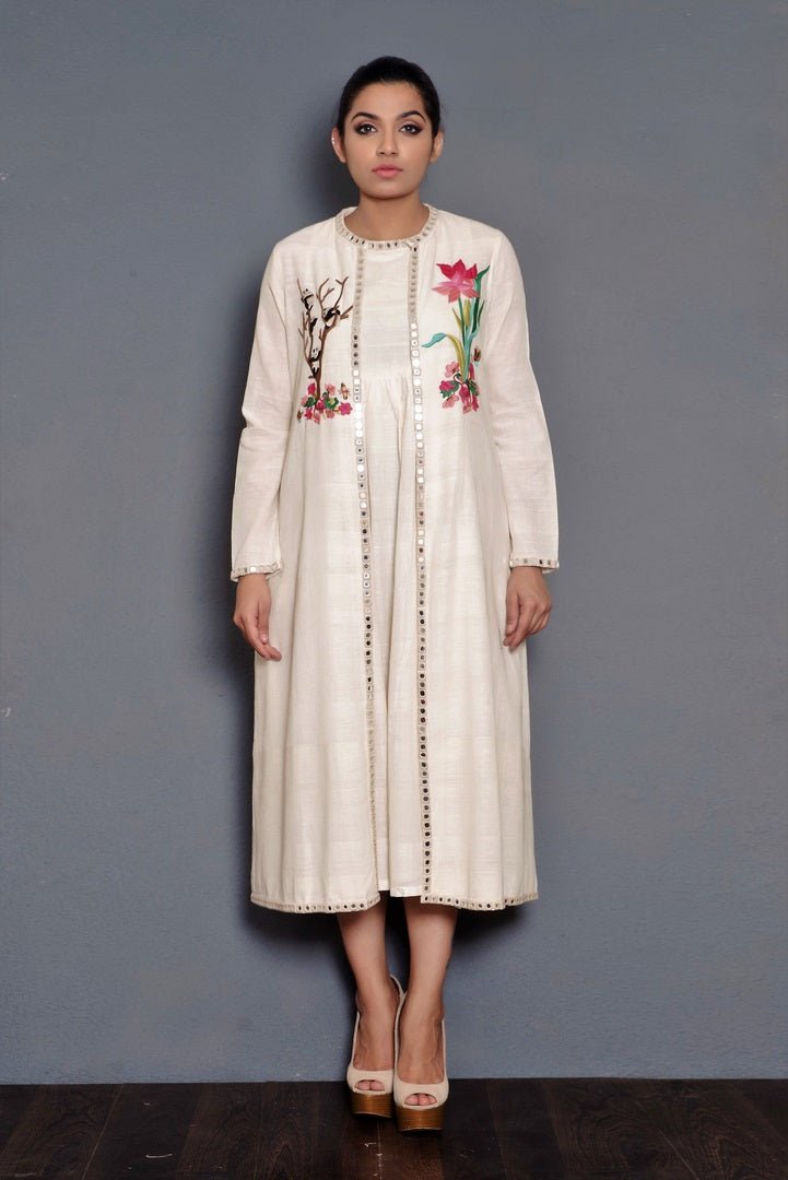 Shop off-white gathered slip dress with embroidered jacket online in USA. Pick your favorite Indian designer dresses from Pure Elegance clothing store in USA. Step up your style with a range of Indian designer sarees , suits, designer lehengas also available on our online store.  -full view