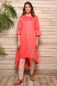 Buy tomato red embroidered cotton shirt with beige pants online in USA. Pick your favorite Indian designer suits and dresses from Pure Elegance clothing store in USA. Make your ethnic collection complete with a range of Indian saris, Anarkali suits, designer lehengas also available on our online store.  -full view