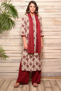 Buy grey and maroon dabu print cotton kurta with scarf and palazzo online in USA. Pick your favorite Indian designer suits and dresses from Pure Elegance clothing store in USA. Make your ethnic collection complete with a range of Indian saris, Anarkali suits, designer lehengas also available on our online store.  -full view