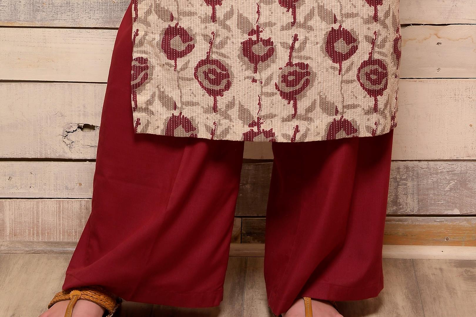 Buy grey and maroon dabu print cotton kurta with scarf and palazzo online in USA. Pick your favorite Indian designer suits and dresses from Pure Elegance clothing store in USA. Make your ethnic collection complete with a range of Indian saris, Anarkali suits, designer lehengas also available on our online store.  -palazzo