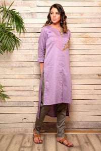 Buy mauve color embroidered hi-low cotton kurta with grey pants online in USA. Pick your favorite Indian designer suits and dresses from Pure Elegance clothing store in USA. Make your ethnic collection complete with a range of Indian saris, Anarkali suits, designer lehengas also available on our online store.  -full view