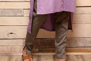 Buy mauve color embroidered hi-low cotton kurta with grey pants online in USA. Pick your favorite Indian designer suits and dresses from Pure Elegance clothing store in USA. Make your ethnic collection complete with a range of Indian saris, Anarkali suits, designer lehengas also available on our online store.  -bottom