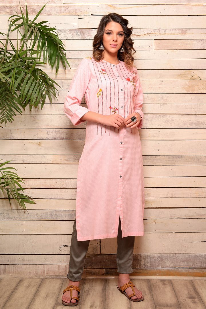 Shop pink embroidered cotton kurta with grey pants online in USA. Pick your favorite Indian designer suits and dresses from Pure Elegance clothing store in USA. Make your ethnic collection complete with a range of Indian sarees, Anarkali suits, designer lehengas also available on our online store.  -full view