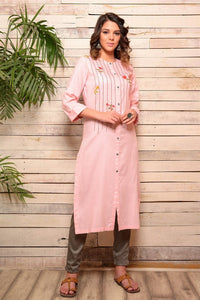 Shop pink embroidered cotton kurta with grey pants online in USA. Pick your favorite Indian designer suits and dresses from Pure Elegance clothing store in USA. Make your ethnic collection complete with a range of Indian sarees, Anarkali suits, designer lehengas also available on our online store.  -full view
