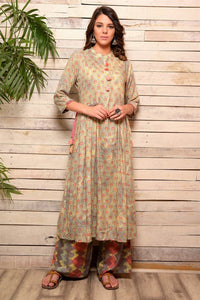 Buy grey color modal print side flap cotton kurta with palazzo online in USA. Pick your favorite Indian designer suits and dresses from Pure Elegance clothing store in USA. Make your ethnic collection complete with a range of Indian sarees, Anarkali suits, designer lehengas also available on our online store.  -full view