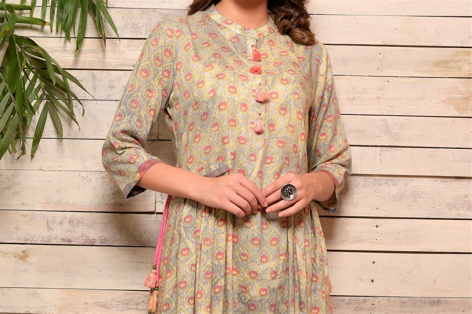 Buy grey color modal print side flap cotton kurta with palazzo online in USA. Pick your favorite Indian designer suits and dresses from Pure Elegance clothing store in USA. Make your ethnic collection complete with a range of Indian sarees, Anarkali suits, designer lehengas also available on our online store.  -top