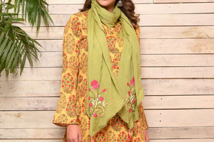 Shop yellow printed cotton kurta with palazzo online in USA and green embroidered scarf. Pick your favorite Indian designer suits and dresses from Pure Elegance clothing store in USA. Make your ethnic collection complete with a range of Indian sarees, Anarkali suits, designer lehengas also available on our online store.  -top