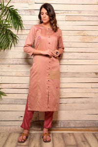 Shop onion pink embroidered cotton kurta with pants online in USA. Pick your favorite Indian designer suits and dresses from Pure Elegance clothing store in USA. Make your ethnic collection complete with a range of Indian sarees, Anarkali suits, designer lehengas also available on our online store. -full view