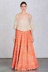 Shop dull gold embroidered cape and peach color skirt online in USA. Make a captivating fashion statement with a range of Indian designer dresses from Pure Elegance clothing store in USA. If you are looking for online shopping, then look to our online store for a stunning collection of designer lehengas, Indian clothing and much more.-full view
