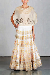 Buy ivory color embroidered cape with embroidered skirt online in USA. Make a captivating fashion statement with a range of Indian designer dresses from Pure Elegance clothing store in USA. If you are looking for online shopping, then look to our online store for a stunning collection of designer lehengas, Indian clothing and much more.-full view