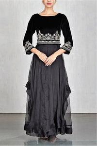 Buy black embroidered velvet crop top with skirt online in USA. Make a captivating fashion statement with a range of Indian designer dresses from Pure Elegance clothing store in USA. If you are looking for online shopping, then look to our online store for a stunning collection of designer lehengas, Indian clothing and much more.-full view