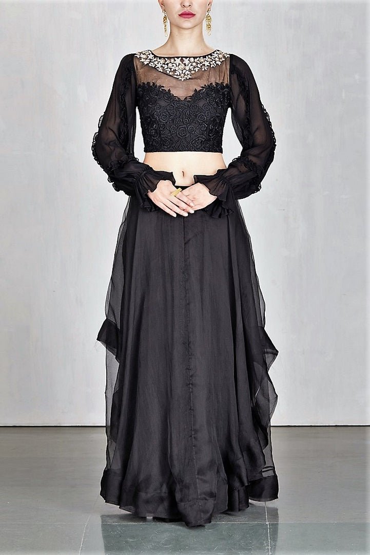 Shop black embroidered chiffon crop top with organza skirt online in USA. Make a captivating fashion statement with a range of designer dresses from Pure Elegance clothing store in USA. If you are looking for Indian designer clothes online, then look to our online store for a stunning collection of Anarkali dresses, wedding lehengas and much more.-full view