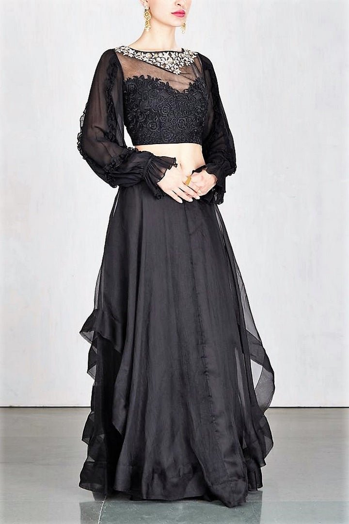 Shop black embroidered chiffon crop top with organza skirt online in USA. Make a captivating fashion statement with a range of designer dresses from Pure Elegance clothing store in USA. If you are looking for Indian designer clothes online, then look to our online store for a stunning collection of Anarkali dresses, wedding lehengas and much more.-side