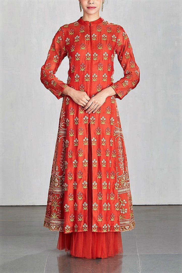 Shop red color embroidered organza kurta with cancan online in USA. Make a captivating fashion statement with a range of designer dresses from Pure Elegance clothing store in USA. If you are looking for Indian designer clothes online, then look to our online store for a stunning collection of Anarkali dresses, wedding lehengas and much more-full view