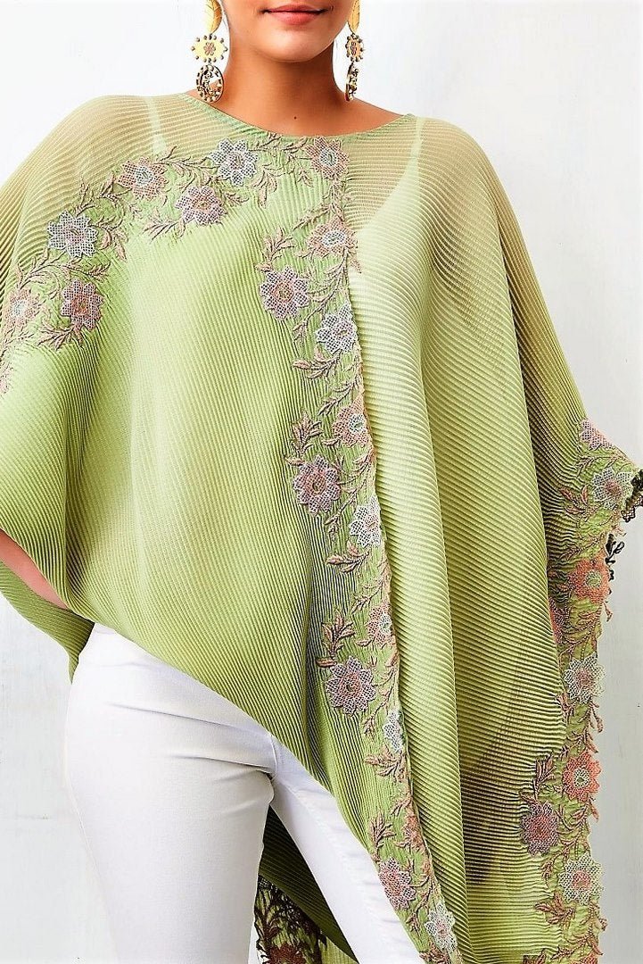 Shop green color embroidered chiffon cape online in USA. Keep your style perfect with a stylish range of Indian designer clothes from Pure Elegance fashion store in USA. If you want to shop for Indian clothes online, then browse through our online store and shop at the comfort of your home.-front