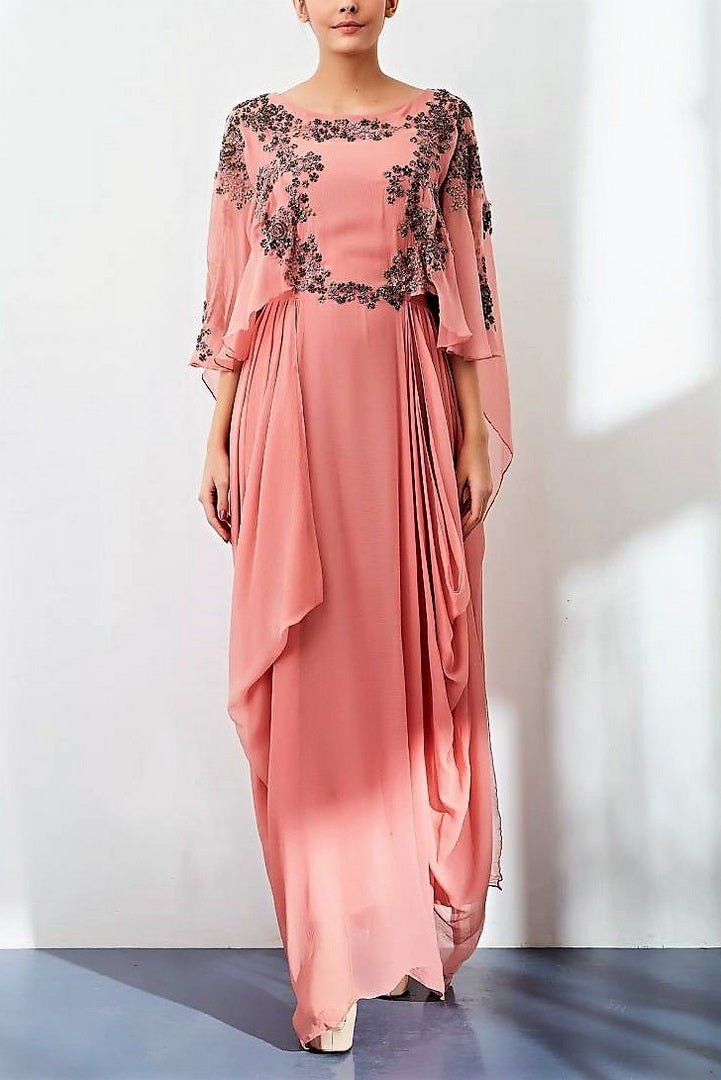 Shop pink embroidered draped long chiffon dress online in USA. Keep your style perfect with a stylish range of Indian designer clothes from Pure Elegance fashion store in USA. If you want to shop for Indian clothes online, then browse through our online store and shop at the comfort of your home.-full view