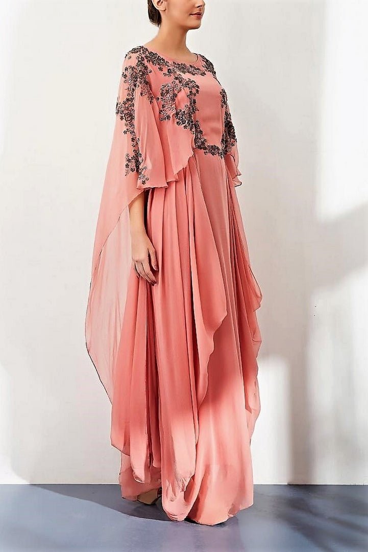 Shop pink embroidered draped long chiffon dress online in USA. Keep your style perfect with a stylish range of Indian designer clothes from Pure Elegance fashion store in USA. If you want to shop for Indian clothes online, then browse through our online store and shop at the comfort of your home.-side