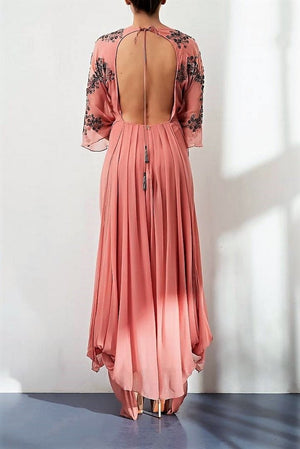 Shop pink embroidered draped long chiffon dress online in USA. Keep your style perfect with a stylish range of Indian designer clothes from Pure Elegance fashion store in USA. If you want to shop for Indian clothes online, then browse through our online store and shop at the comfort of your home.-back
