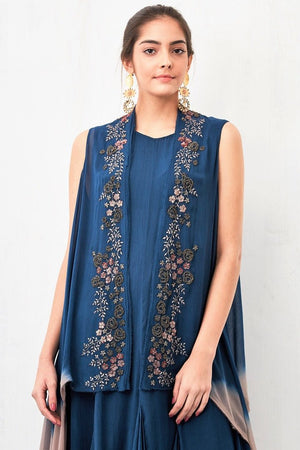 Buy navy front open embroidered cape with ombre dress online in USA. Keep your style perfect with a stylish range of Indian designer clothes from Pure Elegance fashion store in USA. If you want to shop for Indian clothes online, then browse through our online store and shop at the comfort of your home.-cape