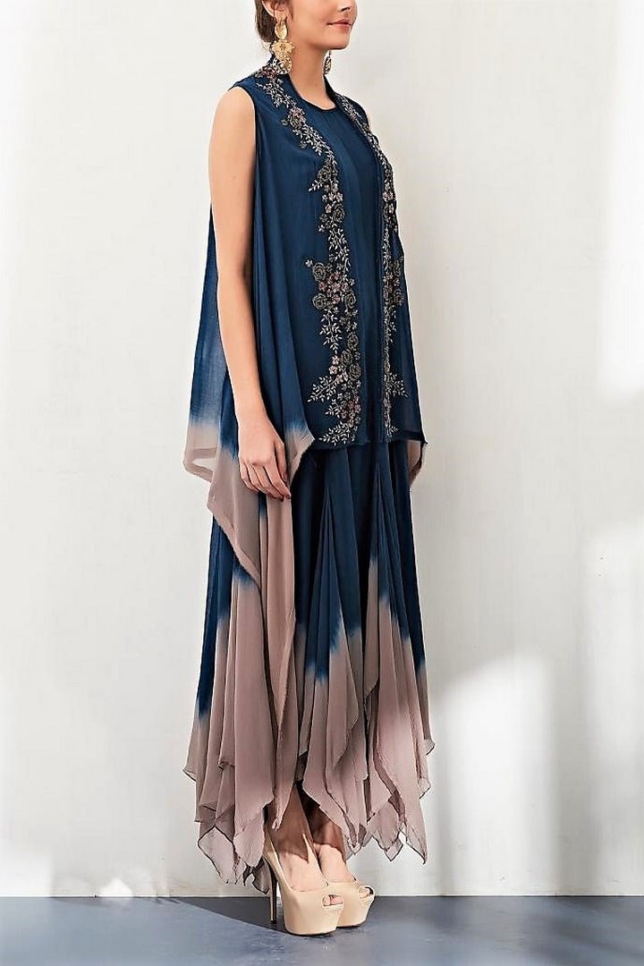 Buy navy front open embroidered cape with ombre dress online in USA. Keep your style perfect with a stylish range of Indian designer clothes from Pure Elegance fashion store in USA. If you want to shop for Indian clothes online, then browse through our online store and shop at the comfort of your home.-side