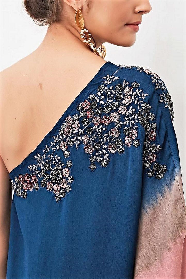Shop navy ombre one-shoulder dress with black pearl embroidery online in USA. Keep your style perfect with a stylish range of Indian designer clothes from Pure Elegance fashion store in USA. If you want to shop for Indian clothes online, then browse through our online store and shop at the comfort of your home.-back details