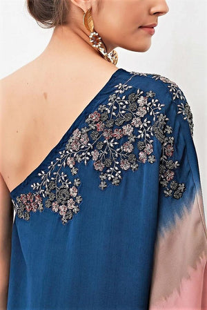 Shop navy ombre one-shoulder dress with black pearl embroidery online in USA. Keep your style perfect with a stylish range of Indian designer clothes from Pure Elegance fashion store in USA. If you want to shop for Indian clothes online, then browse through our online store and shop at the comfort of your home.-back details