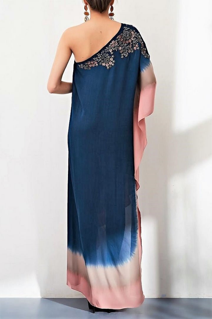 Shop navy ombre one-shoulder dress with black pearl embroidery online in USA. Keep your style perfect with a stylish range of Indian designer clothes from Pure Elegance fashion store in USA. If you want to shop for Indian clothes online, then browse through our online store and shop at the comfort of your home.-back