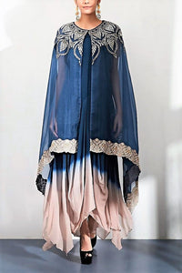 Buy navy embroidered front open cape with ombre draped dress online in USA. Keep your style perfect with a stylish range of Indian designer clothes from Pure Elegance fashion store in USA. If you want to shop for Indian clothes online, then browse through our online store and shop at the comfort of your home.-full view