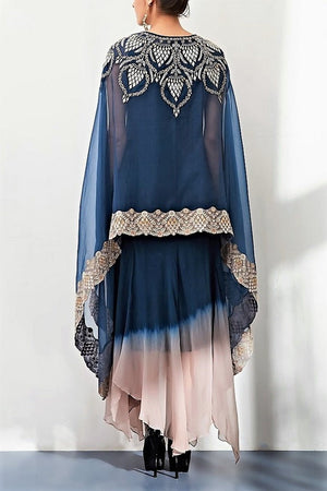 Buy navy embroidered front open cape with ombre draped dress online in USA. Keep your style perfect with a stylish range of Indian designer clothes from Pure Elegance fashion store in USA. If you want to shop for Indian clothes online, then browse through our online store and shop at the comfort of your home.-back