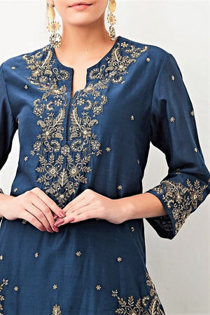 Buy navy zardozi embroidery chanderi kurta with sharara pants online in USA. Keep your style perfect with a stylish range of Indian designer clothes from Pure Elegance fashion store in USA. If you want to shop for Indian clothes online, then browse through our online store and shop at the comfort of your home.-kurta
